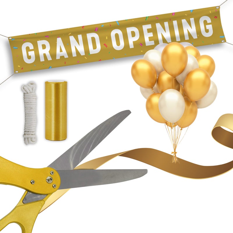 SIRCLES Grand Opening Ribbon Cutting Ceremony Kit 25 Giant Scissors 5yd of 4 Wide Ribbon 10ft Banner 8 Gold 8 White Balloons 19 ft Banner Rope 2 Rolls Balloon Ribbon Grand Opening Kit - Image 2