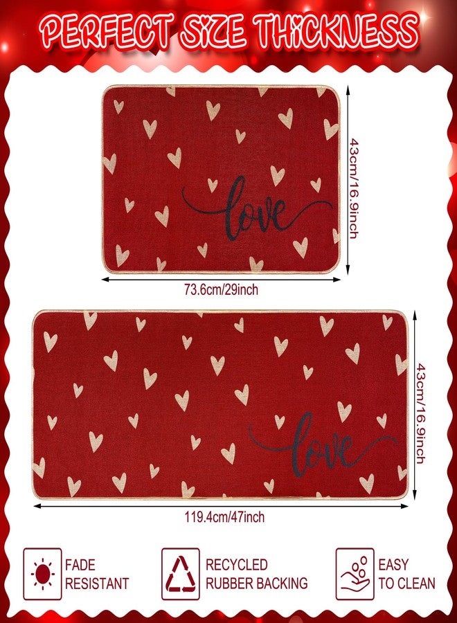 Jectivs Valentine's Day Kitchen Decorations Mats Set of 2,Red Love Heart Kitchen Rugs for Floor Non-Slip Rubber Rugs for Seasonal Valentines Anniversary Indoor Outdoor Home Kitchen Decor 17x29 and 17x47 Inch - Image 2