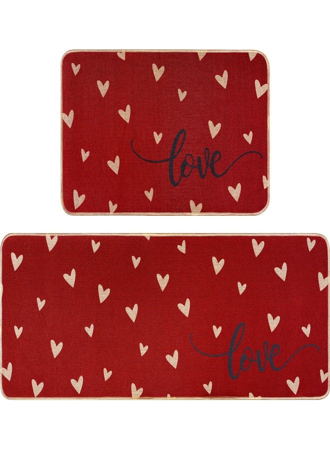 Jectivs Valentine's Day Kitchen Decorations Mats Set of 2,Red Love Heart Kitchen Rugs for Floor Non-Slip Rubber Rugs for Seasonal Valentines Anniversary Indoor Outdoor Home Kitchen Decor 17x29 and 17x47 Inch - Image 1