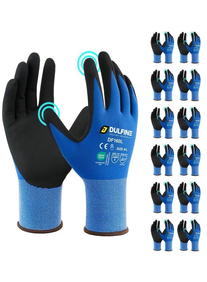 DULFINE 12 Pair Pack Micro Foam Nitrile Coated Safety Work Gloves Seamless Blue Mesh Nylon Gloves with Black Microfoam Nitrile Grip, Ideal for General Use, - Image 1