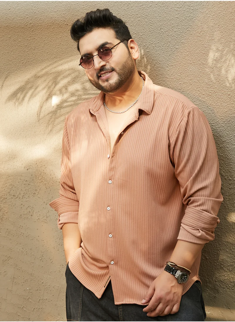 انستافاب بلس Instafab Plus Men's Ash Brown Rope-Striped Tactile Shirt For Casual Wear | Spread Collar | Long Cuffed Sleeves | Button Closure | Plus Size Shirt Crafted With Comfort Fit For Everyday Wear