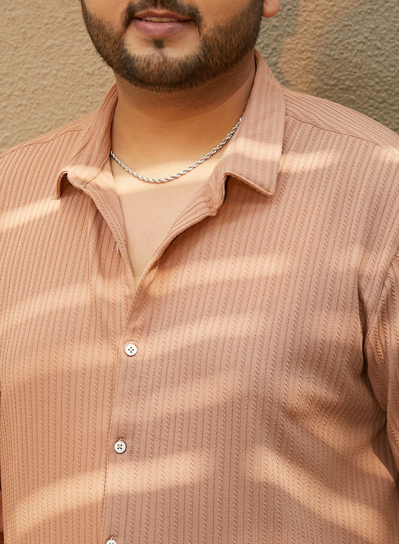 Instafab Plus Instafab Plus Men's Ash Brown Rope-Striped Tactile Shirt For Casual Wear | Spread Collar | Long Cuffed Sleeves | Button Closure | Plus Size Shirt Crafted With Comfort Fit For Everyday Wear