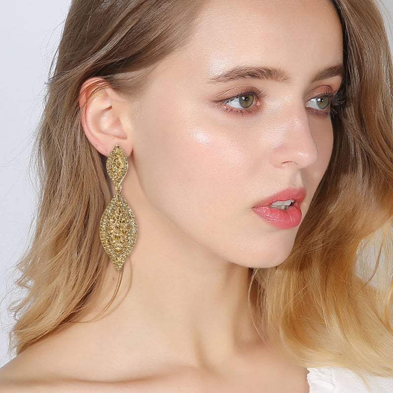 Flyonce Women's Rhinestone Crystal Wedding Bridal 2 Leaf Drop Dangle Chandelier Earrings Brown Gold-Tone - Image 3