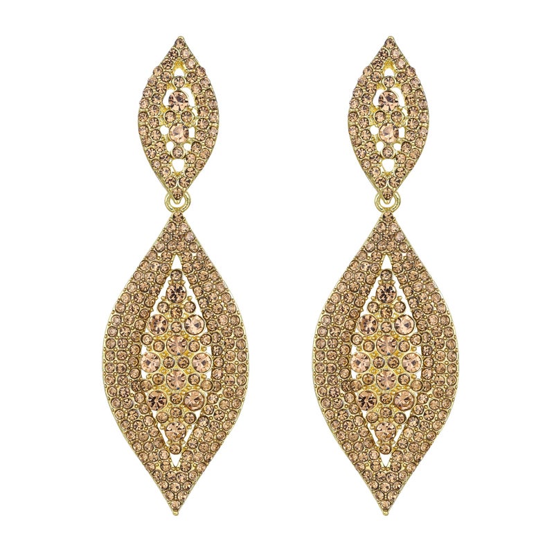 Flyonce Women's Rhinestone Crystal Wedding Bridal 2 Leaf Drop Dangle Chandelier Earrings Brown Gold-Tone - Image 1