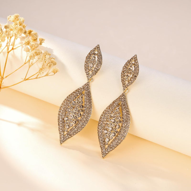 Flyonce Women's Rhinestone Crystal Wedding Bridal 2 Leaf Drop Dangle Chandelier Earrings Brown Gold-Tone - Image 5