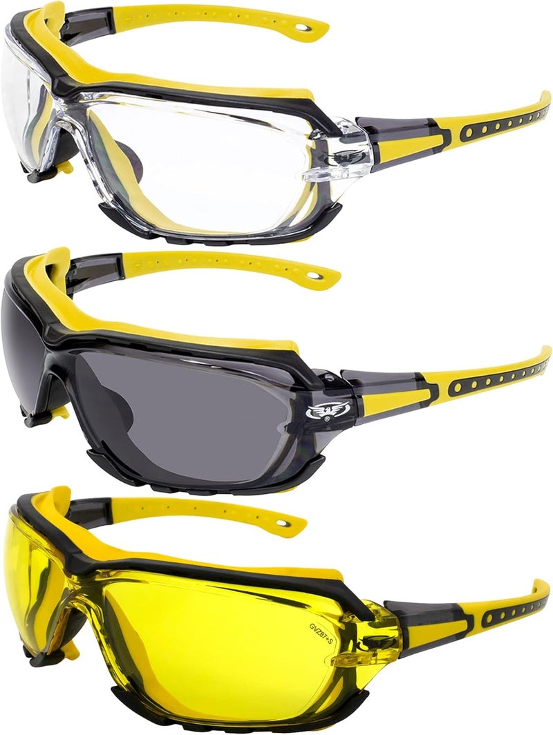Global Vision Octane Motorcycle Riding Glasses - 3 Pairs with Clear, Smoke & Yellow Lenses - Image 1