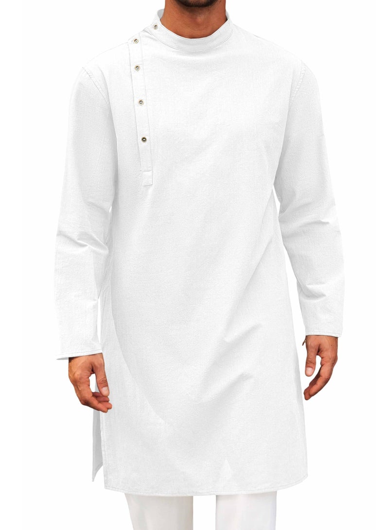 Mens Kaftan Thobe Robe Long Sleeve Cotton Henley Shirt Casual Muslim Gown Salwar Kurta  - Image 1