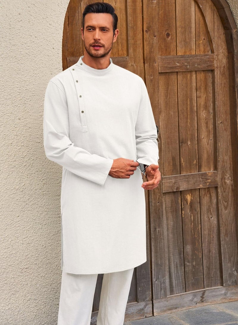 Mens Kaftan Thobe Robe Long Sleeve Cotton Henley Shirt Casual Muslim Gown Salwar Kurta  - Image 2