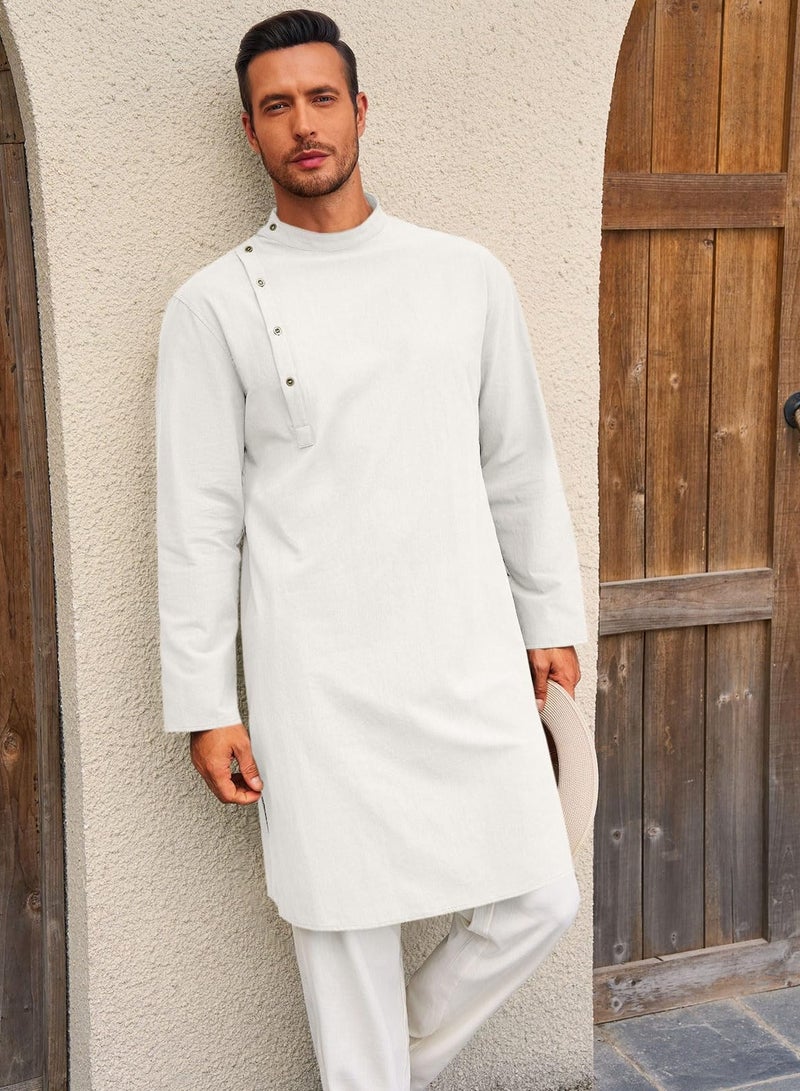Mens Kaftan Thobe Robe Long Sleeve Cotton Henley Shirt Casual Muslim Gown Salwar Kurta  - Image 3