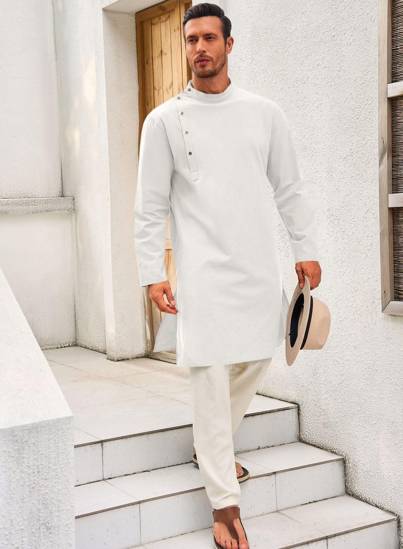 Mens Kaftan Thobe Robe Long Sleeve Cotton Henley Shirt Casual Muslim Gown Salwar Kurta  - Image 4