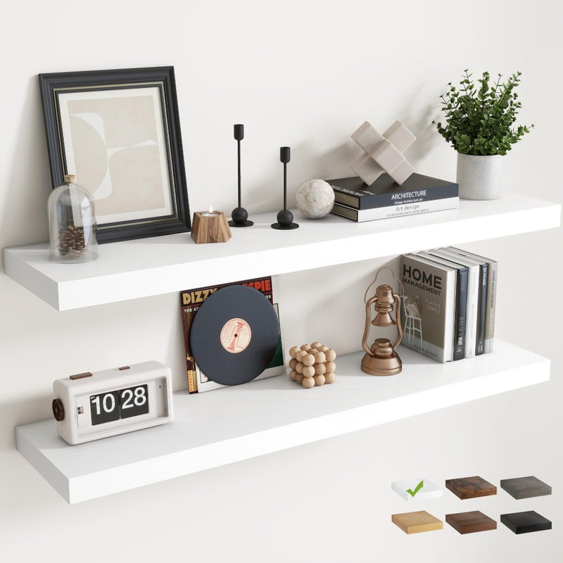 Marsmiles Floating Shelves for Wall with Invisible Brackets, Wall Mounted Engineered Wood Shelves with Wood Grain for Living Room, Bedroom, Bathroom, Kitchen Decor and Storage, Oak, 48"L Set of 2, White - Image 1