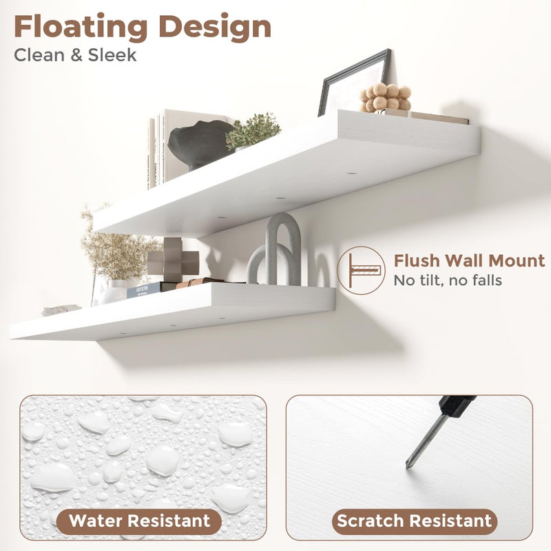 Marsmiles Floating Shelves for Wall with Invisible Brackets, Wall Mounted Engineered Wood Shelves with Wood Grain for Living Room, Bedroom, Bathroom, Kitchen Decor and Storage, Oak, 48"L Set of 2, White - Image 3