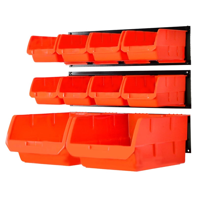 Wallmaster Wall Mounted Storage Bins, Wall Storage Bins Parts Rack 10 Bins&3 Rails Wall Mount Tool Organizer Hardware Storage Organizer (Orange) - Image 1