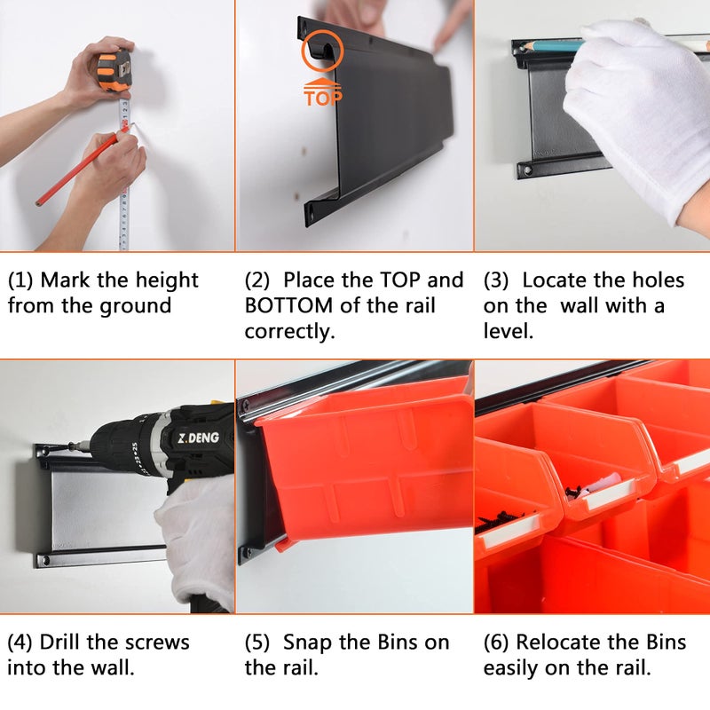 Wallmaster Wall Mounted Storage Bins, Wall Storage Bins Parts Rack 10 Bins&3 Rails Wall Mount Tool Organizer Hardware Storage Organizer (Orange) - Image 5
