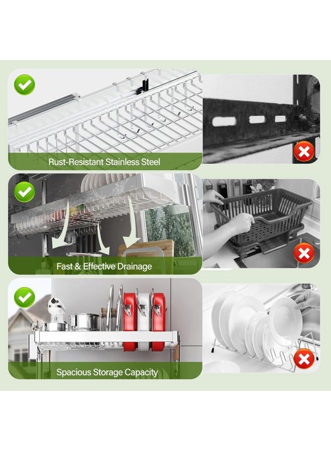 CUISIBOT Over The Sink Dish Drainer Drying Rack 3 Tier, Full Stainless Steel Dish Drying Rack Adjustable Length 20.9''-37.4'', Kitchen Sink Shelf, Organized Space-Saving Dish Rack with Pots and Pans Rack - Image 5