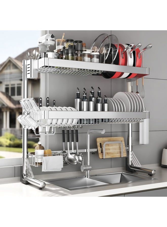 CUISIBOT Over The Sink Dish Drainer Drying Rack 3 Tier, Full Stainless Steel Dish Drying Rack Adjustable Length 20.9''-37.4'', Kitchen Sink Shelf, Organized Space-Saving Dish Rack with Pots and Pans Rack - Image 1