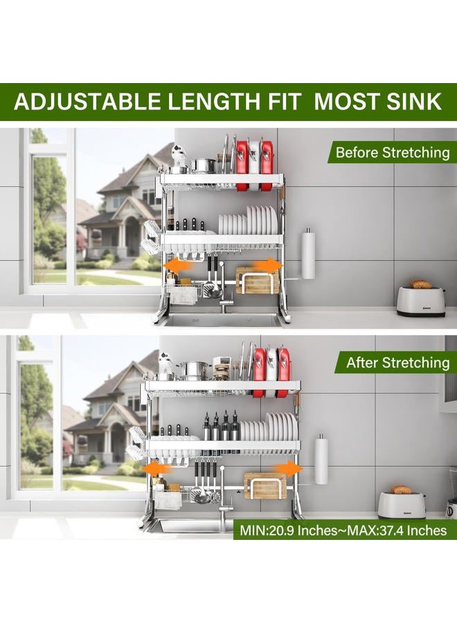 CUISIBOT Over The Sink Dish Drainer Drying Rack 3 Tier, Full Stainless Steel Dish Drying Rack Adjustable Length 20.9''-37.4'', Kitchen Sink Shelf, Organized Space-Saving Dish Rack with Pots and Pans Rack - Image 3