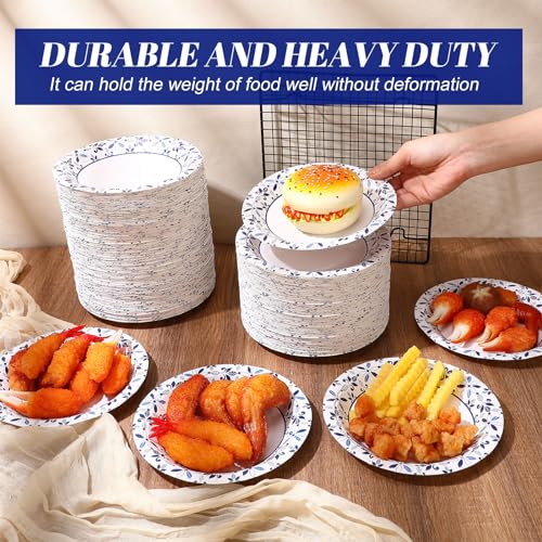 FillTouch 400 Pack 7 Inch Disposable Paper Plates for Everyday Use Soak Proof Heavy Duty Small Paper Plates for Dinner Picnic Cut Proof Plate for Holiday Party Family Gatherings Blue Leaves - Image 3