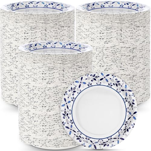 FillTouch 400 Pack 7 Inch Disposable Paper Plates for Everyday Use Soak Proof Heavy Duty Small Paper Plates for Dinner Picnic Cut Proof Plate for Holiday Party Family Gatherings Blue Leaves - Image 1