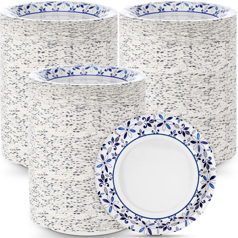 FillTouch 400 Pack 7 Inch Disposable Paper Plates for Everyday Use Soak Proof Heavy Duty Small Paper Plates for Dinner Picnic Cut Proof Plate for Holiday Party Family Gatherings Blue Leaves - Image 2