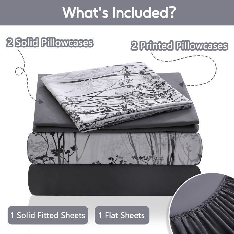 LONAVA King Size Bed Sheet Set, 6 Piece, Deep Pocket Dark Grey Fitted Sheet, Comfy & Breathable Patterned Flat Sheets, Premium Microfiber, Misty Forest Printed - Image 5