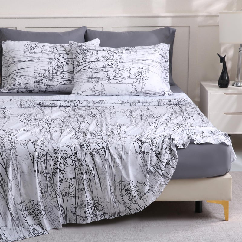 LONAVA King Size Bed Sheet Set, 6 Piece, Deep Pocket Dark Grey Fitted Sheet, Comfy & Breathable Patterned Flat Sheets, Premium Microfiber, Misty Forest Printed - Image 1