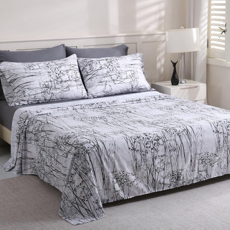 LONAVA King Size Bed Sheet Set, 6 Piece, Deep Pocket Dark Grey Fitted Sheet, Comfy & Breathable Patterned Flat Sheets, Premium Microfiber, Misty Forest Printed - Image 3