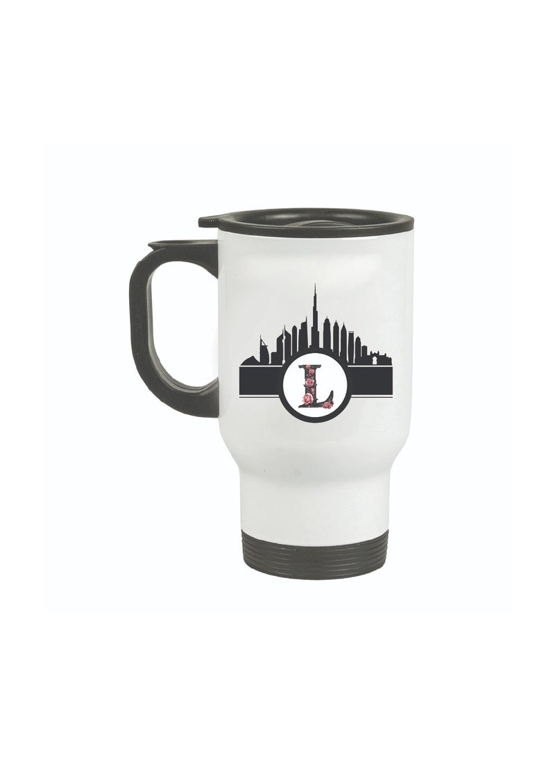 Initial Monogram Travel Mug with Dubai Skyline Design - Travel-Friendly - Monogram Gift - Perfect for Coffee and Tea - Dubai Skyline Travel Mug - Image 1