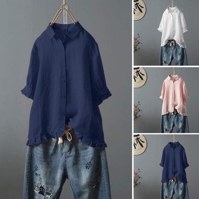 Women's Cotton Linen Short Sleeve Blouse - Image 1