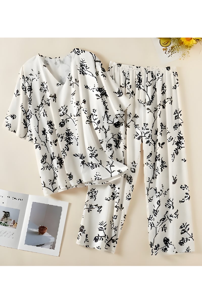 Women’s 2-Piece Silk Pajama Set – Free Size – Soft Lightweight Fabric – V-Neck Short Sleeve Top & Elastic Waist Pants – Comfortable Sleepwear & Loungewear