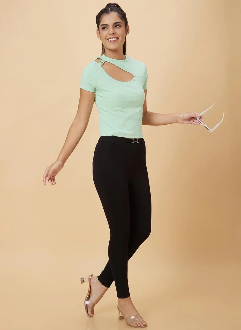 جلو باص بلوزة قطنية نسائية بياقة مستديرة وفتحات خضراء