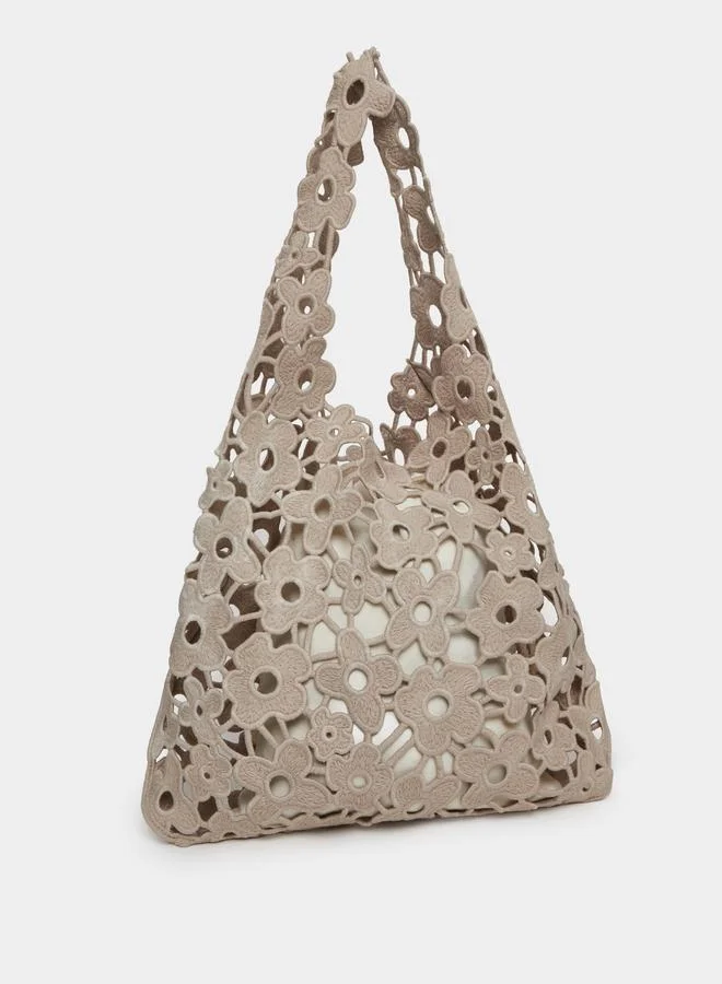 Styli Beige Floral Crochet Tote Bag