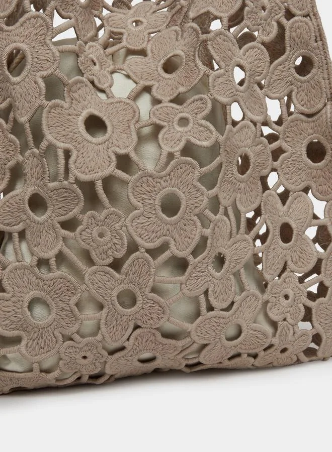 Styli Beige Floral Crochet Tote Bag