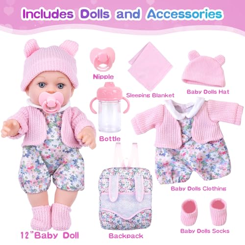 BDDOLL 12 Inch Baby Doll Backpack Playset with Dolls Clothes and Accessories Included Backpack Washcloth Bottles NippleSocks Hats - Image 5
