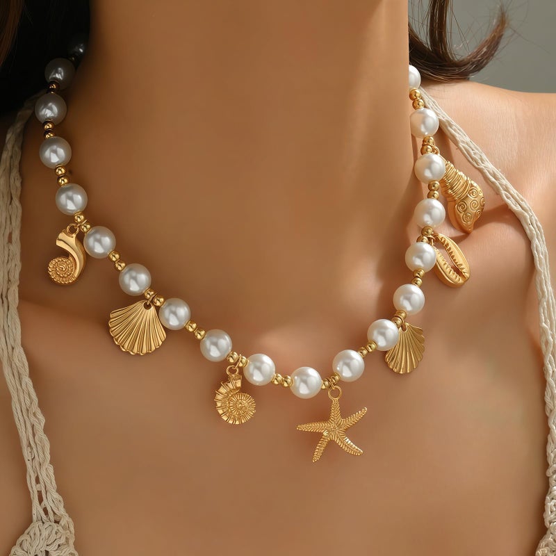 Nackiy Shell Starfish Necklace for Women, 14k Gold Boho Layered Beaded Charm Pendant Necklace, Dainty Adjustable Pearl Conch Summer Beach Vacation Jewelry Gifts(Pearl Charm) - Image 4