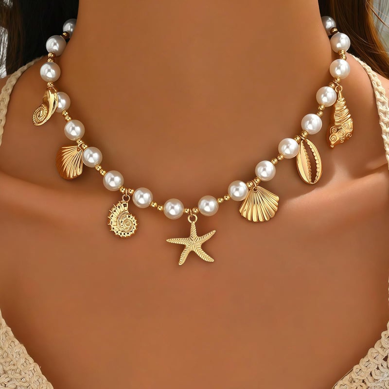 Nackiy Shell Starfish Necklace for Women, 14k Gold Boho Layered Beaded Charm Pendant Necklace, Dainty Adjustable Pearl Conch Summer Beach Vacation Jewelry Gifts(Pearl Charm) - Image 2
