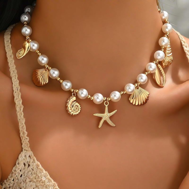 Nackiy Shell Starfish Necklace for Women, 14k Gold Boho Layered Beaded Charm Pendant Necklace, Dainty Adjustable Pearl Conch Summer Beach Vacation Jewelry Gifts(Pearl Charm) - Image 3