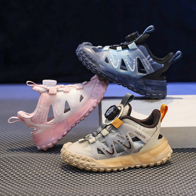 Boys' Shoes Summer Children'S Sports Mesh Shoes Girls' Middle And Large Children'S Rotating Button Hollow Sandals Mesh - Image 5