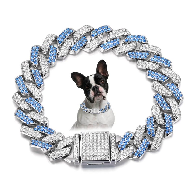 cyhaen Diamond Dog Chain Necklaceï¼ŒMetal Cuban Link Dog Collar,15mm Wide Bling Sparkly Puppy Chain Collar for Small Medium Large Pet Dogs Cats Silver Blue(10 inch) - Image 1
