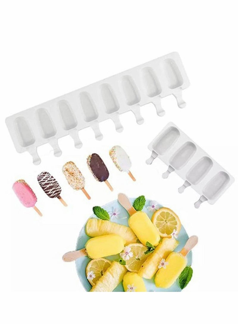 NIBEMINENT Lakobos Pieces Popsicle Molds Set, 8 Cavities Silicone with 50 Wooden Sticks for DIY Ice Pop Cream Mold Oval Cake (White) - Image 1