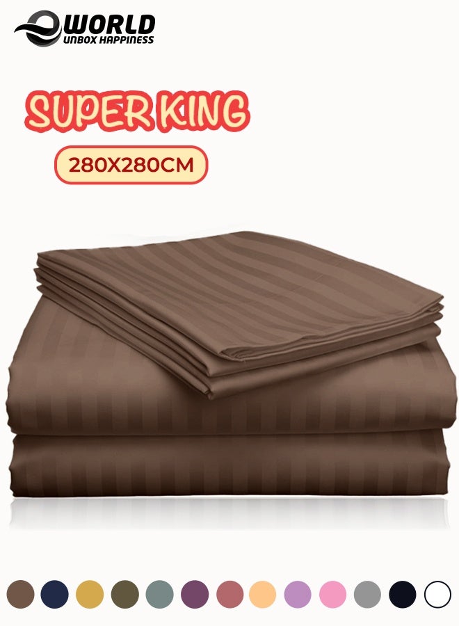 Eworld 3 Piece Super King Brown Striped Bed Sheet Set – Ultra-Soft Microfiber Striped Sheet & 2 Pillowcases, Breathable Luxury Bedding for Home & Hotel Use - Image 1