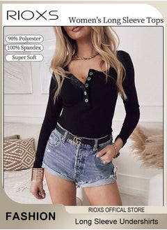 RIOXS Women's Long Sleeve Basic Shirts, Comfortable Skin-friendly Slim Fitted Underscrub, Soft Stretchy Tops, Button up Shirts for Women, Classic Simple Undershirt with Fitted Silhouette, Versatile Essential Piece that Can Adapt to Any Situation  - Image 2