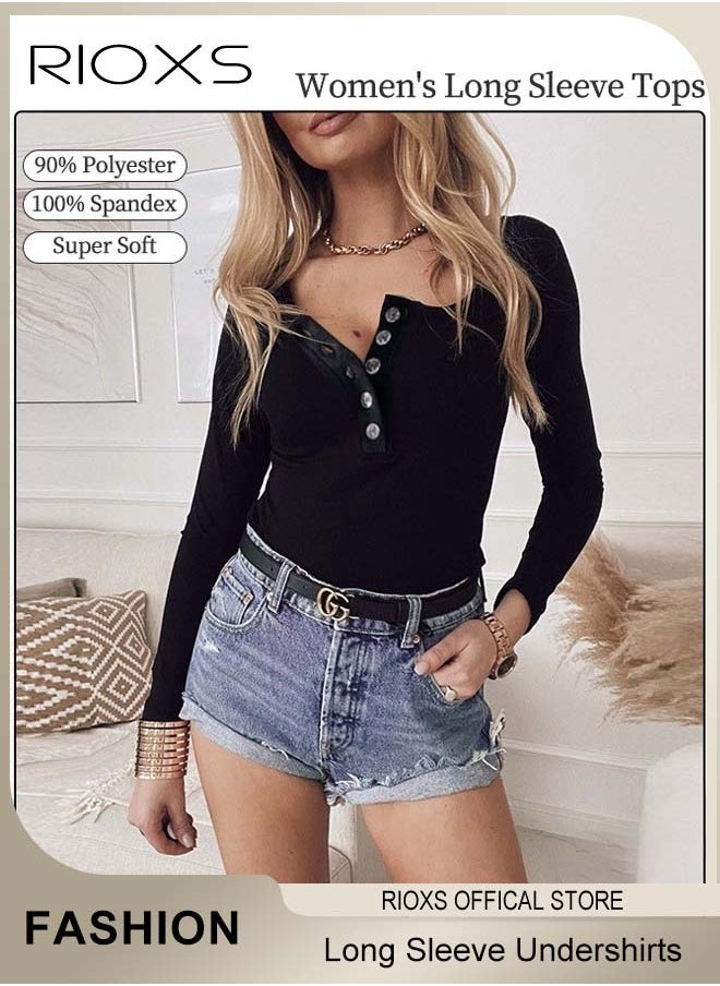 RIOXS - Women's Long Sleeve Basic Shirts, Comfortable Skin-friendly Slim Fitted Underscrub, Soft Stretchy Tops, Button up Shirts for Women, Classic Simple Undershirt with Fitted Silhouette, Versatile Essential Piece that Can Adapt to Any Situation - Image 1