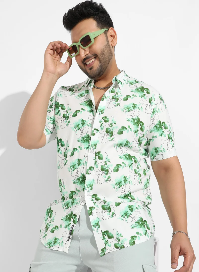 Instafab Plus Instafab Plus Men's Green & White Botanical Strokes Shirt