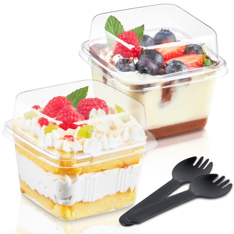 Kucoele 50 Pack 8 oz Plastic Dessert Cups with Lids and Sporks Clear Square Cake Cups Dessert Containers for Pudding Parfait Fruit Yogurt and Shortcake