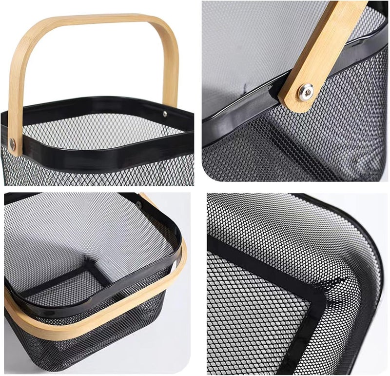 AJIODA Metal Mesh Steel Basket, Storage Organizer Basket Multi-functional Hanging Kitchen Baskets Fruit Basket Bin with Bamboo Handle for Kitchen Bathroom Picnic Shopping Decor Cabinet Home, Black - Image 4