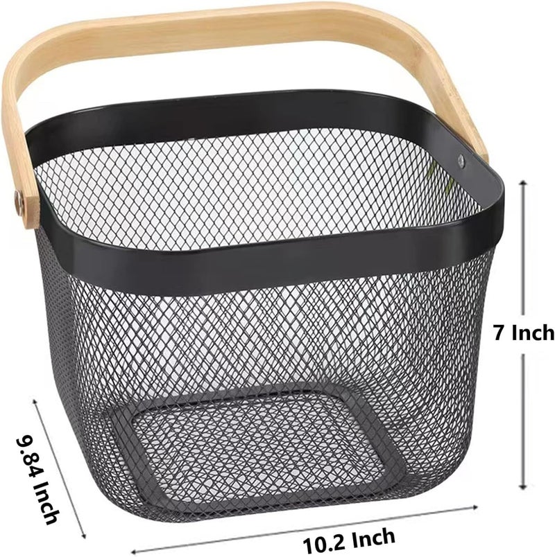 AJIODA Metal Mesh Steel Basket, Storage Organizer Basket Multi-functional Hanging Kitchen Baskets Fruit Basket Bin with Bamboo Handle for Kitchen Bathroom Picnic Shopping Decor Cabinet Home, Black - Image 5