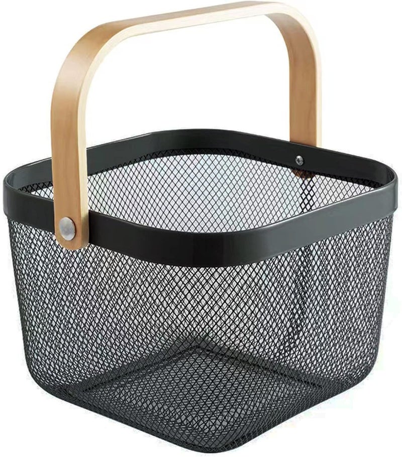 AJIODA Metal Mesh Steel Basket, Storage Organizer Basket Multi-functional Hanging Kitchen Baskets Fruit Basket Bin with Bamboo Handle for Kitchen Bathroom Picnic Shopping Decor Cabinet Home, Black - Image 1