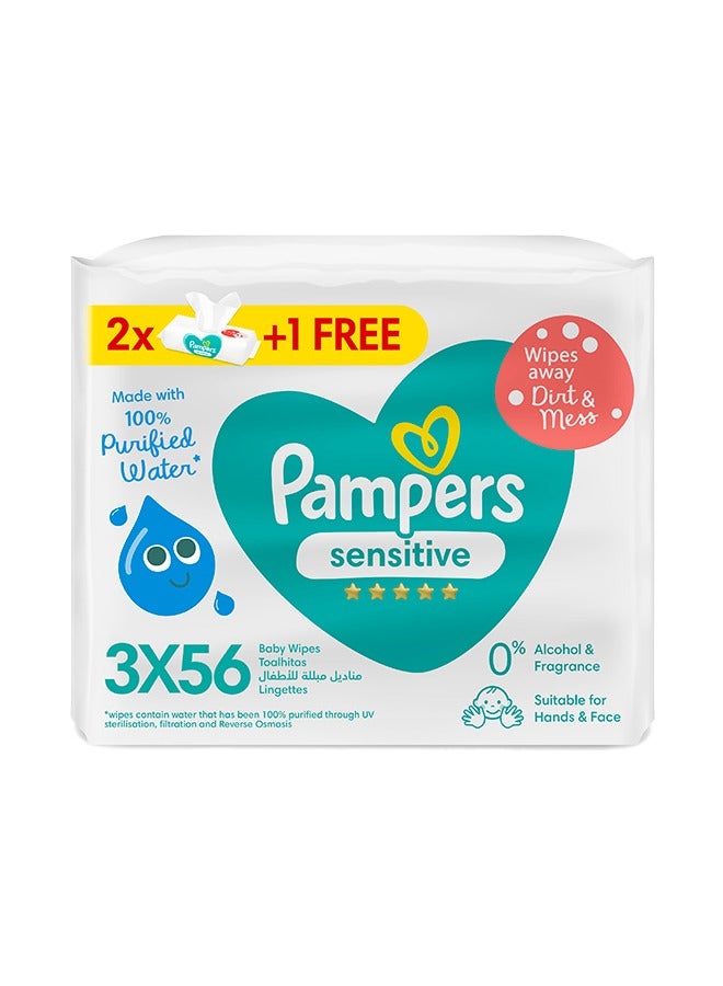 Pampers Sensitive Baby Wipes, Pack of 2+1 Free, 168 Wipes - Image 1