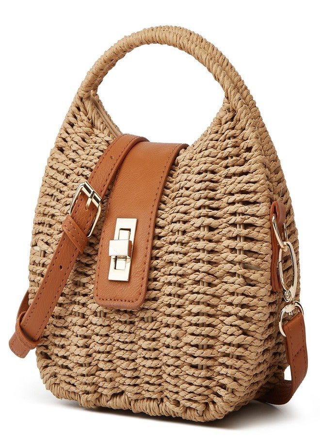 Bagkeak Trendy Straw Beach Bags For Women Dumpling Bag Rattan Clutch Purses Summer Straw Crossbody Handbag Purse Shoulder Bag Travel, Khaki - Image 2